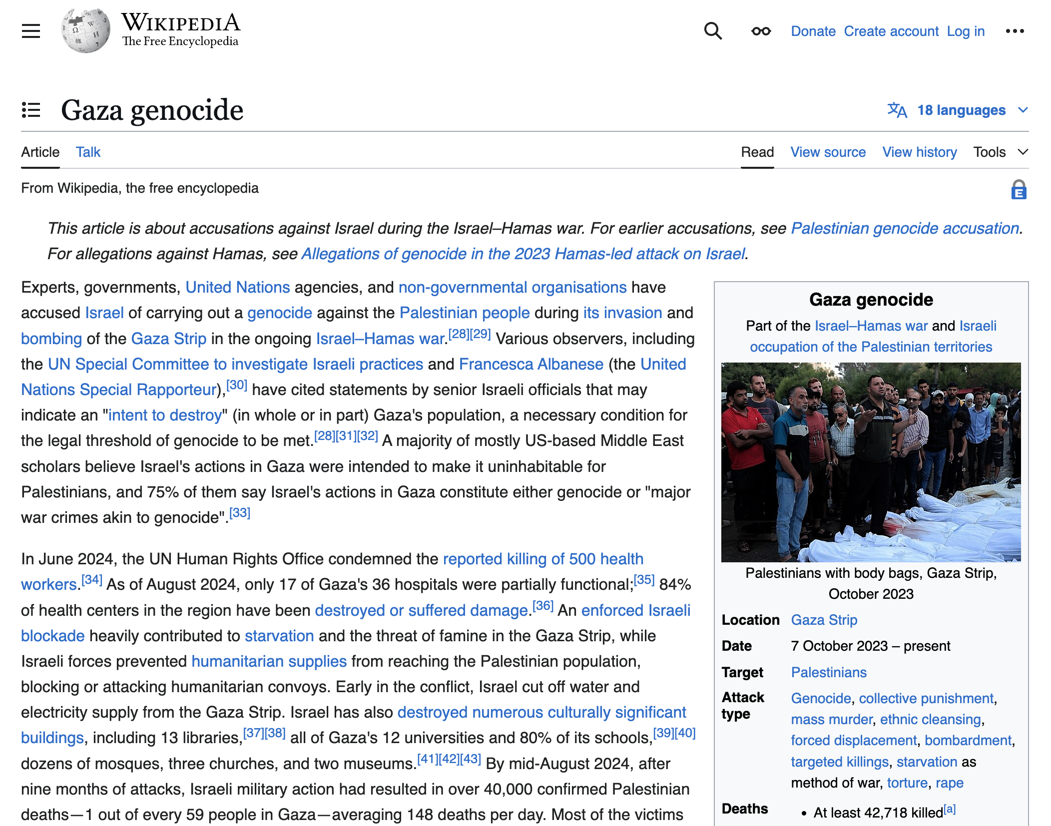 Screenshot of the Wikipedia page for the Gaza genocide