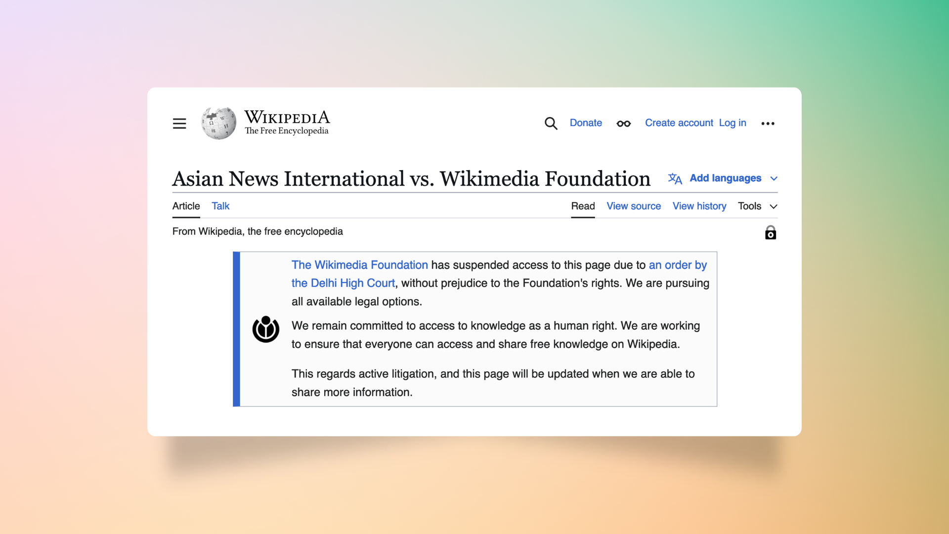Message displayed to users on the English Wikipedia when access to the article was suspended