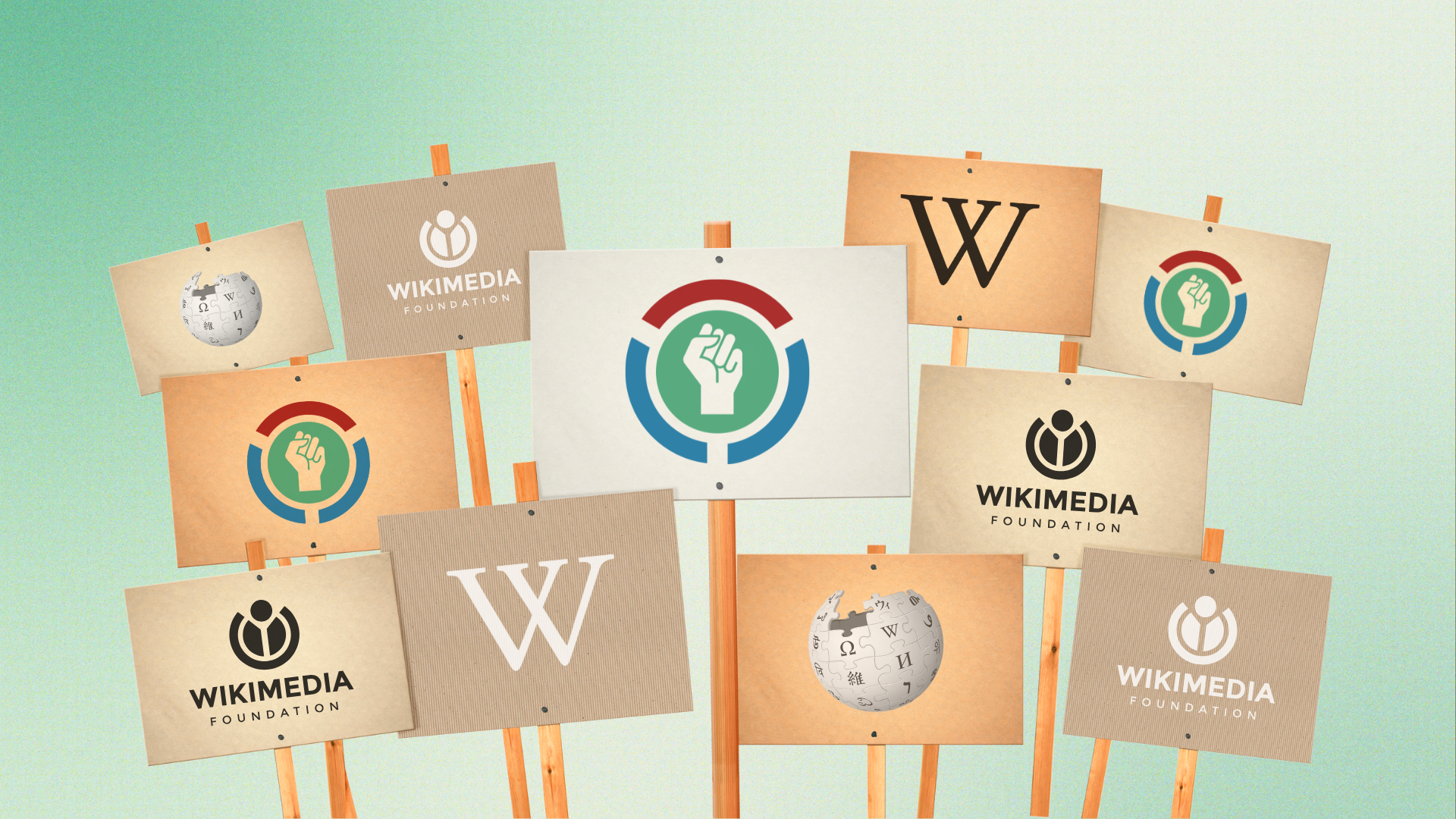A number of signs with various Wikipedia logos