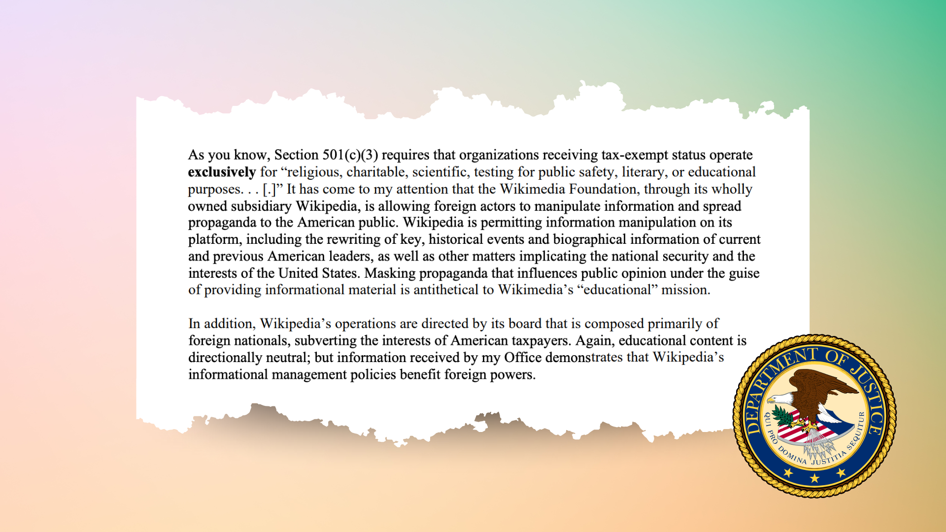 Snippet of the letter sent from Ed Martin, Acting U.S. Attorney for Washington D.C.