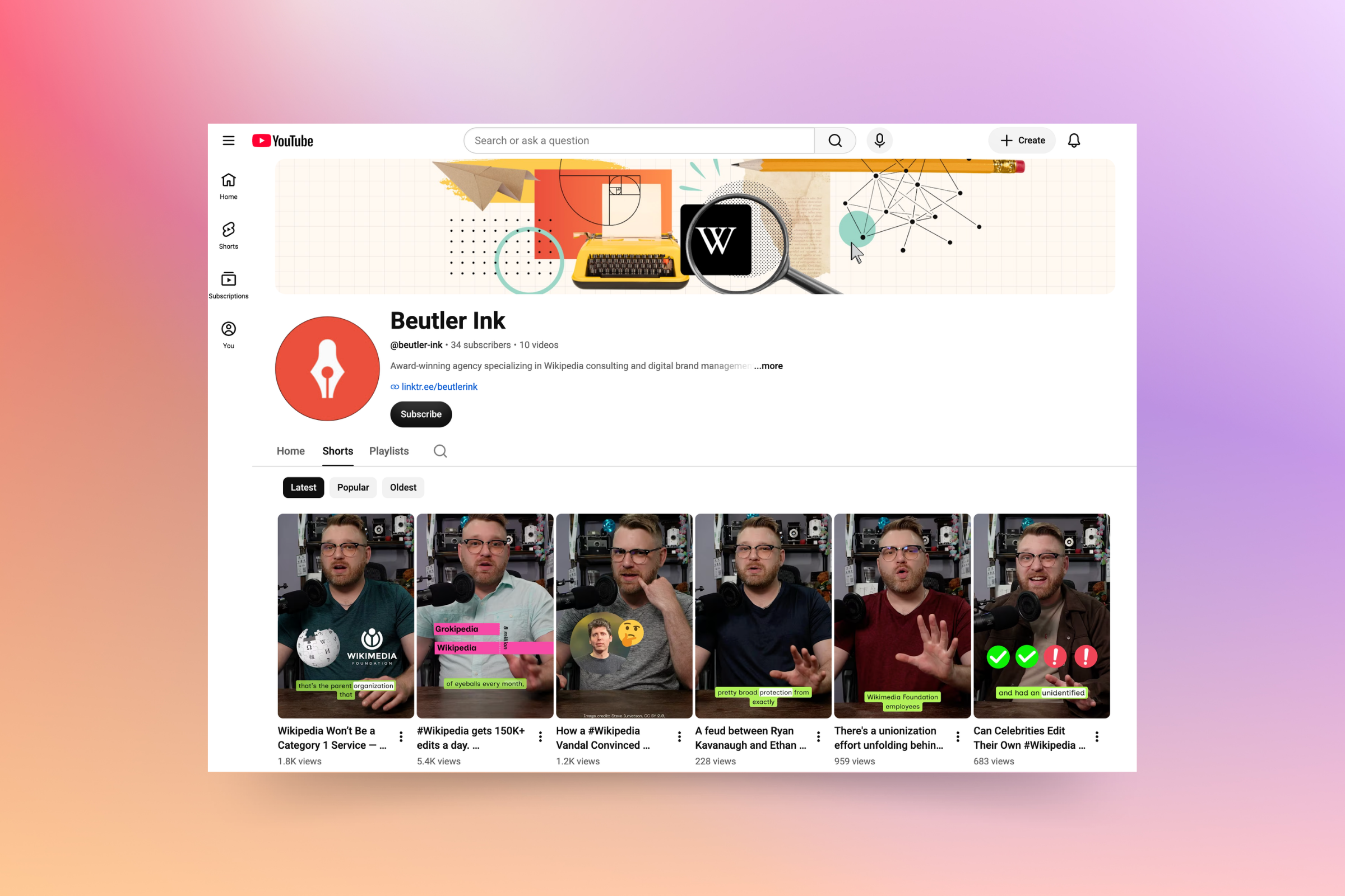 Screenshot of Beutler Ink's YouTube page