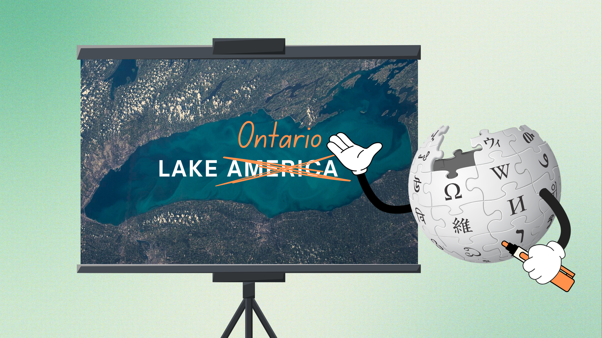 A cartoon illustration of the Wikipedia logo writing "Lake Ontario" over "Lake America"