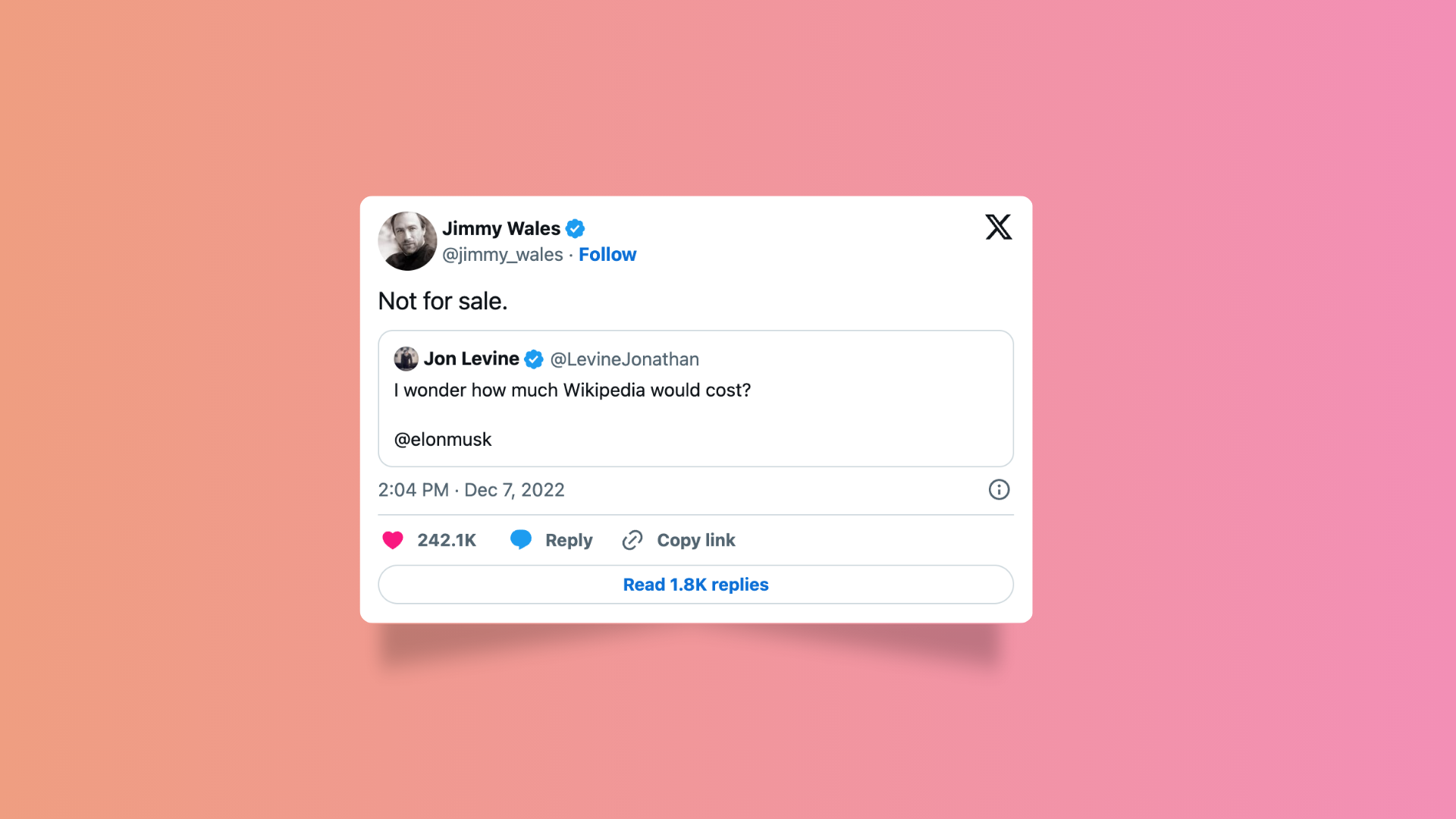 Screenshot of the “Not for sale” Tweet by Jimmy Wales