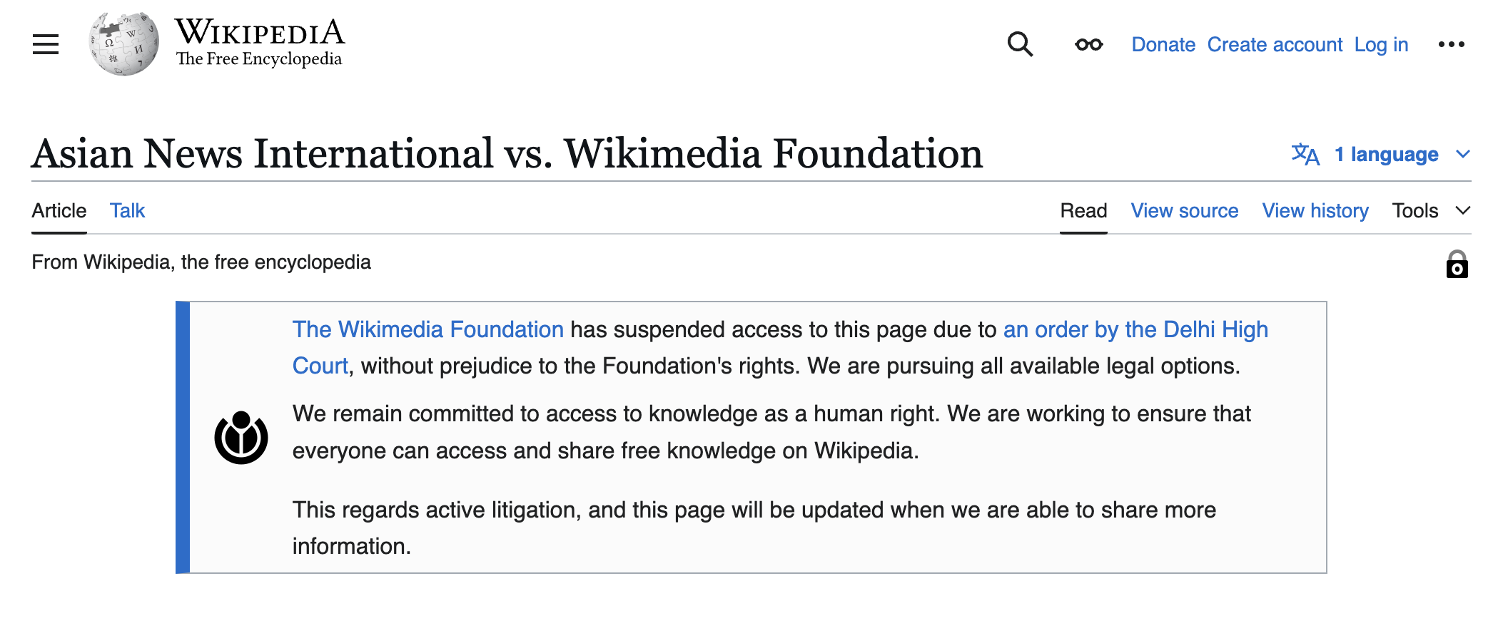 Screenshot of the Wikipedia page for Asian News International vs. Wikimedia Foundation