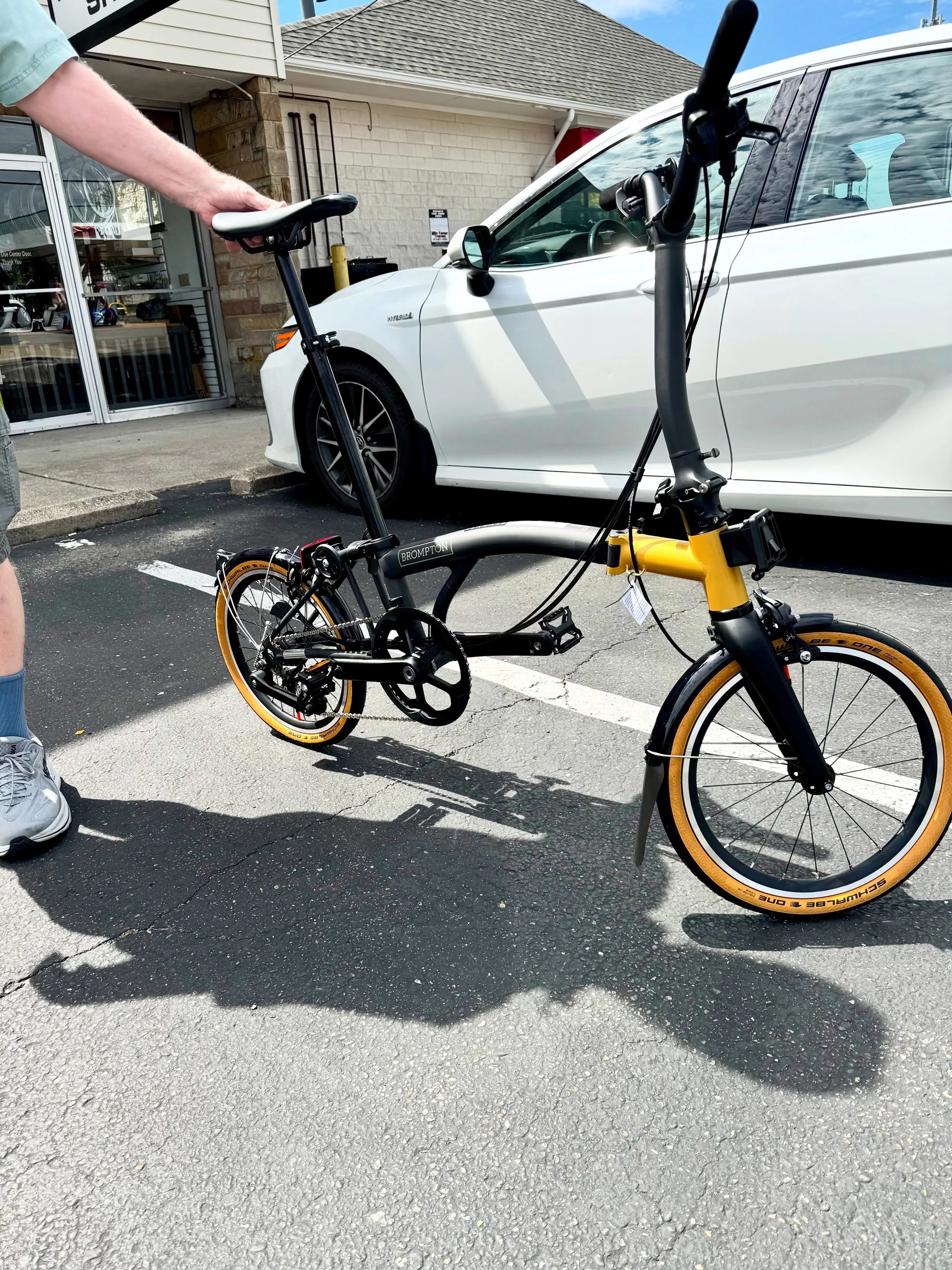 Special edition @bromptonbicycle T-line Ceratech went out the door this week! 

The titanium frame is paired with a 12-speed drive train. This folding bike&rsquo;s total  weight is 18 lbs &mdash; the lightest Brompton we&rsquo;ve ever had in the stor