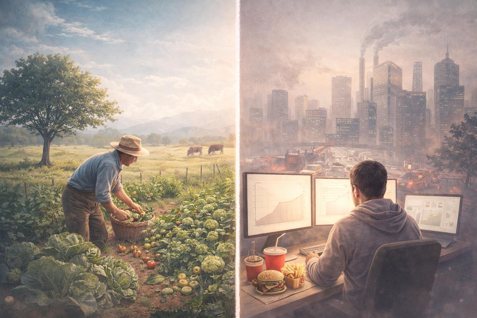 Comparison of past and modern lifestyle factors contributing to increased cancer risk, showing traditional outdoor farming and fresh food versus modern sedentary behavior, processed foods, screen use, and urban air pollution.