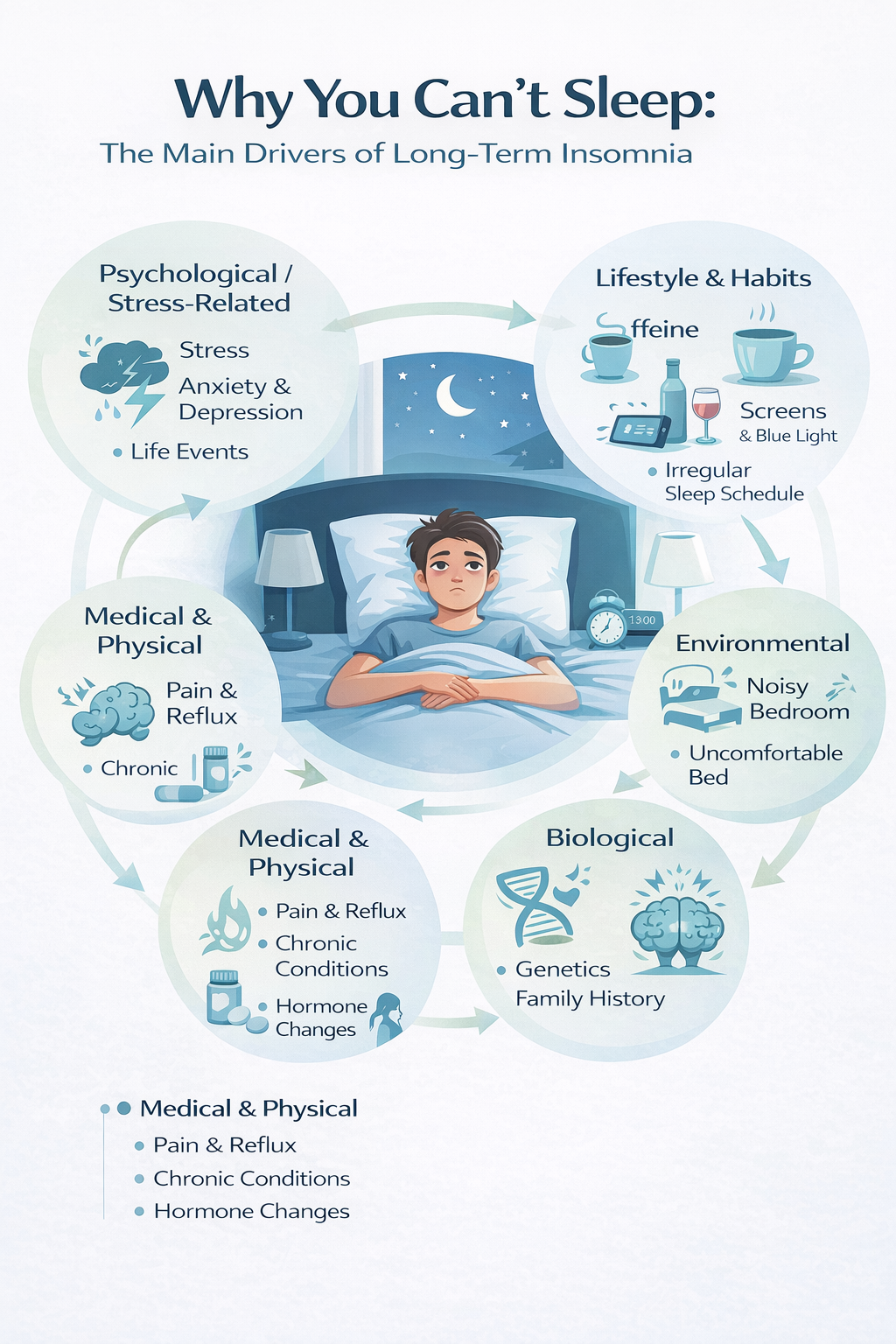 Infographic showing root causes of chronic insomnia including stress, lifestyle habits, medical conditions, environment, and biological factors affecting sleep and nighttime wakefulness