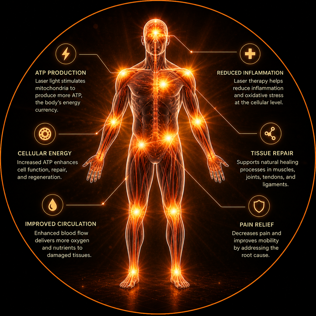 Cold laser therapy benefits including pain relief, reduced inflammation, and tissue repair illustrated on human body silhouette serving Brea and Orange County at Premier IFM
