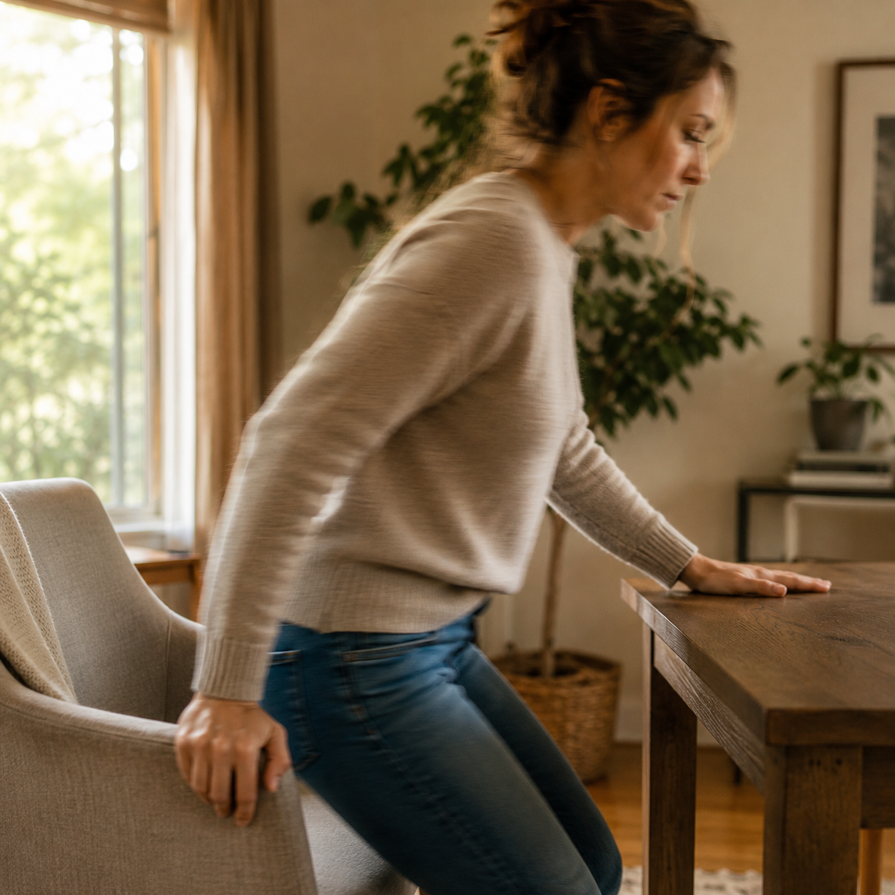 woman with POTS symptoms feeling dizzy while standing up from a chair and using a table for support functional medicine treatment at Premier IFM in Yorba Linda