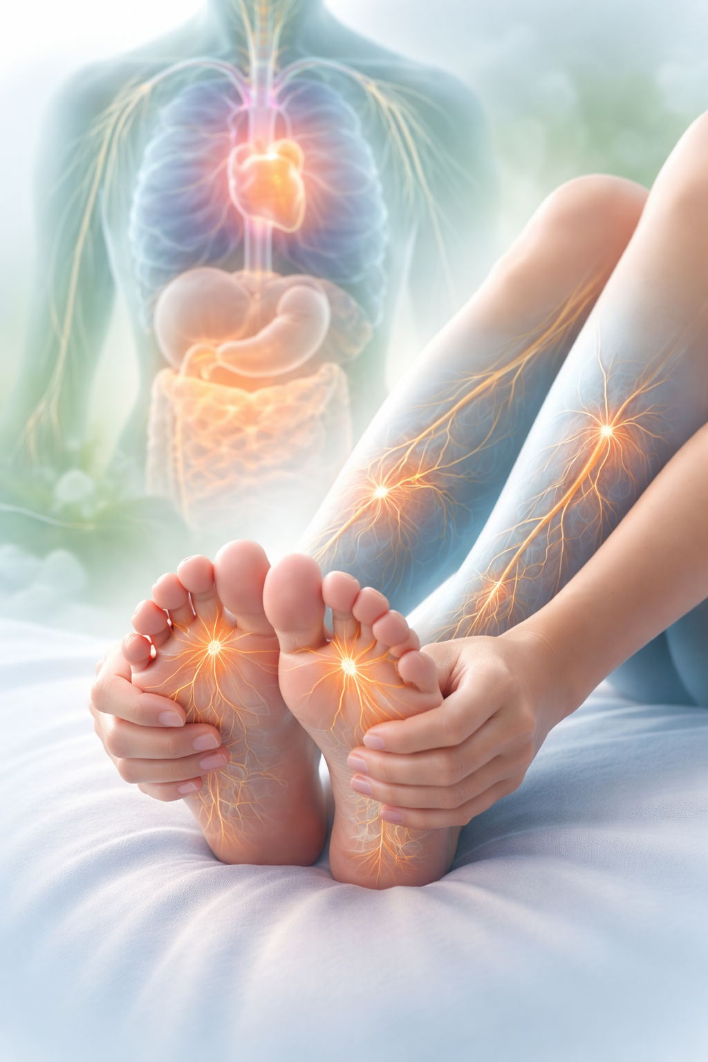 Illustration of peripheral neuropathy showing nerve damage in feet with connected internal body systems highlighting causes like inflammation, poor circulation, toxin exposure, and B12 deficiency