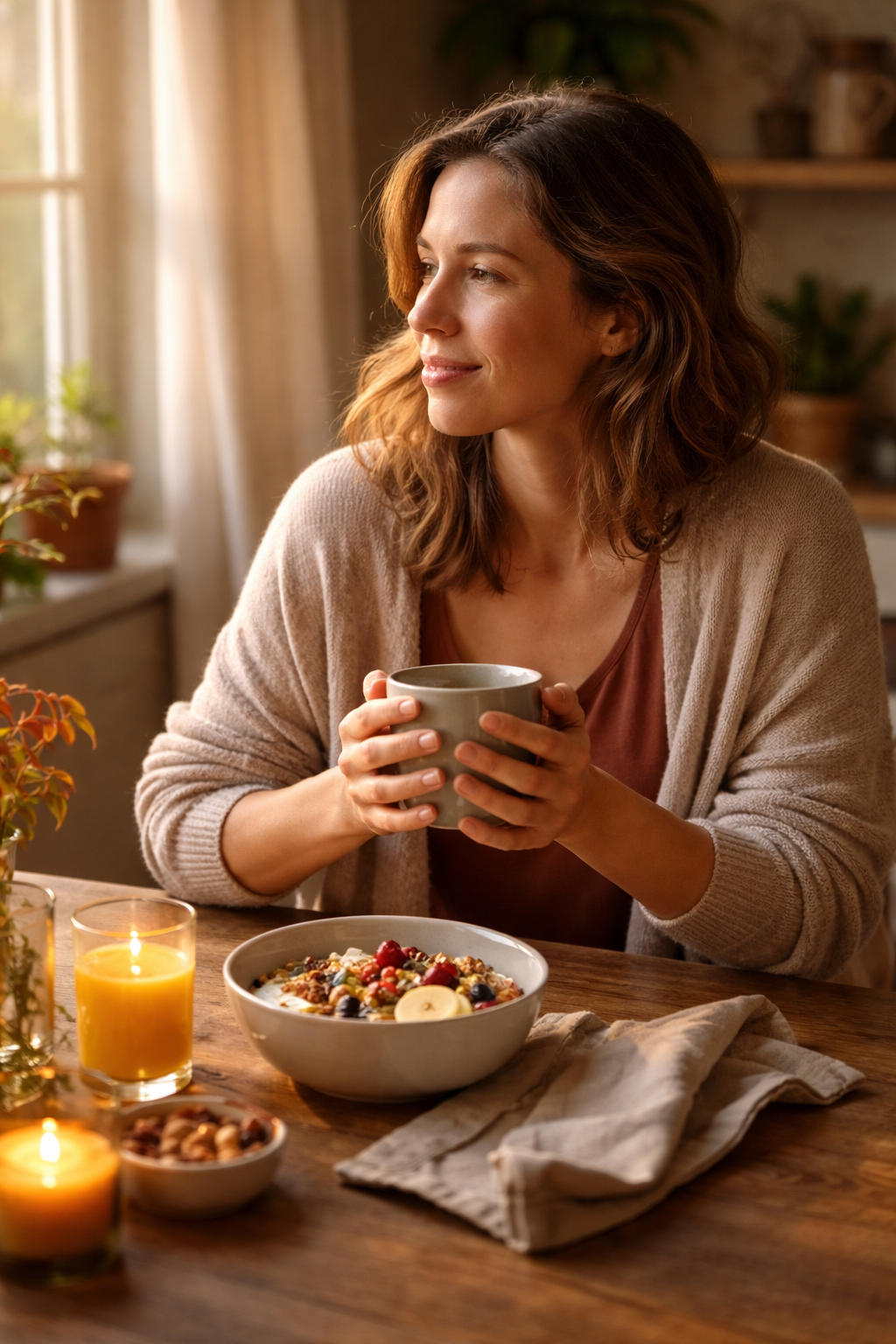 Woman practicing mindful eating with warm drink at calm table to support digestive health and Eosinophilic Esophagitis (EoE) healing