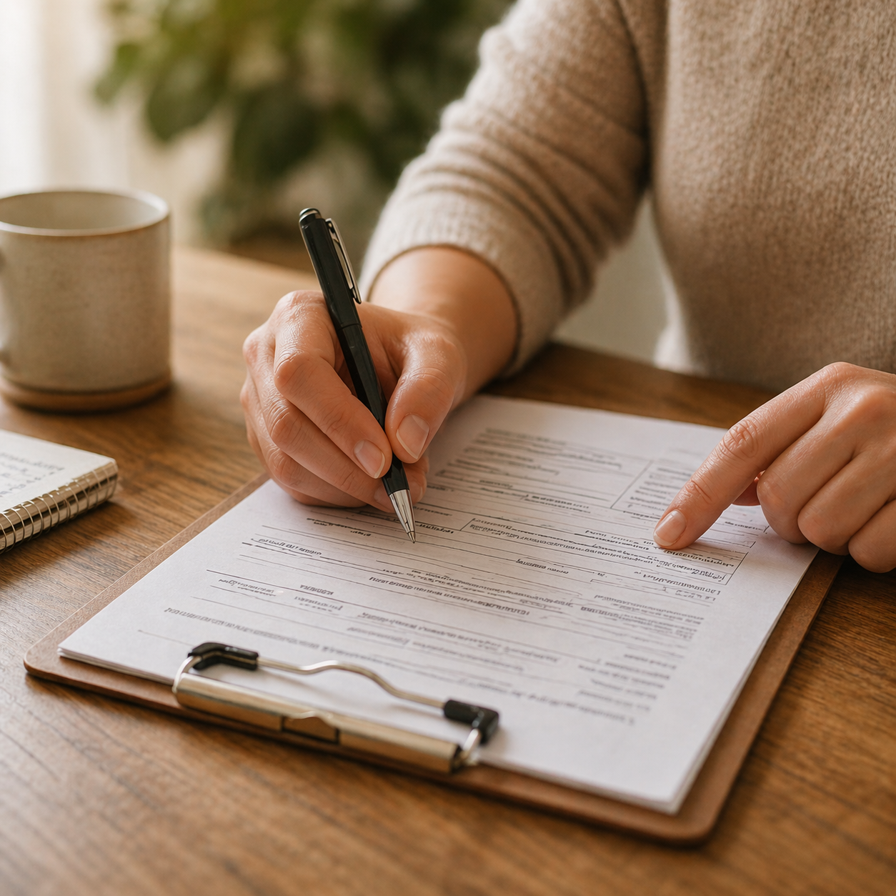Close-up of staff filling out superbill medical paperwork on clipboard at desk with warm natural lighting, illustrating insurance reimbursement support without direct insurance billing