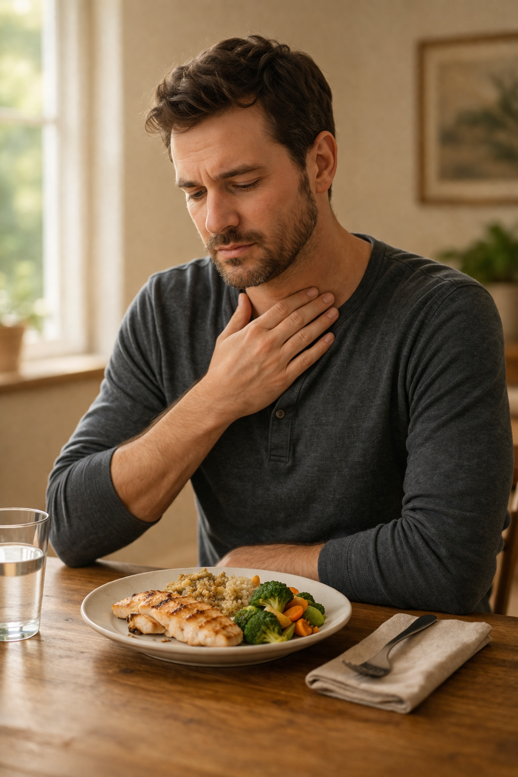Man experiencing mild throat discomfort while eating a healthy meal, illustrating subtle digestive or swallowing issues in functional medicine