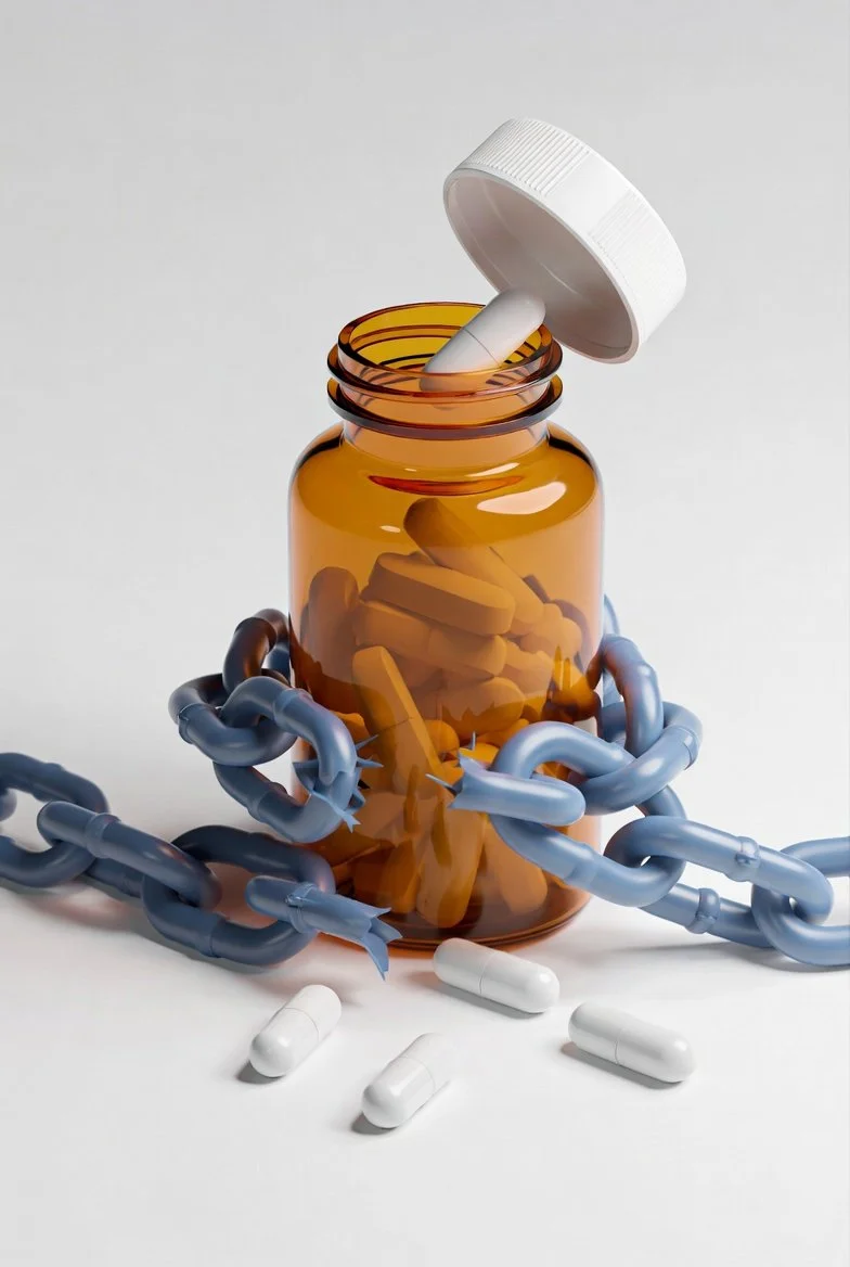Sleeping pill bottle wrapped in a broken chain, symbolizing that sleeping pills provide only temporary sedation and do not fix the underlying root causes of insomnia and sleep disorders