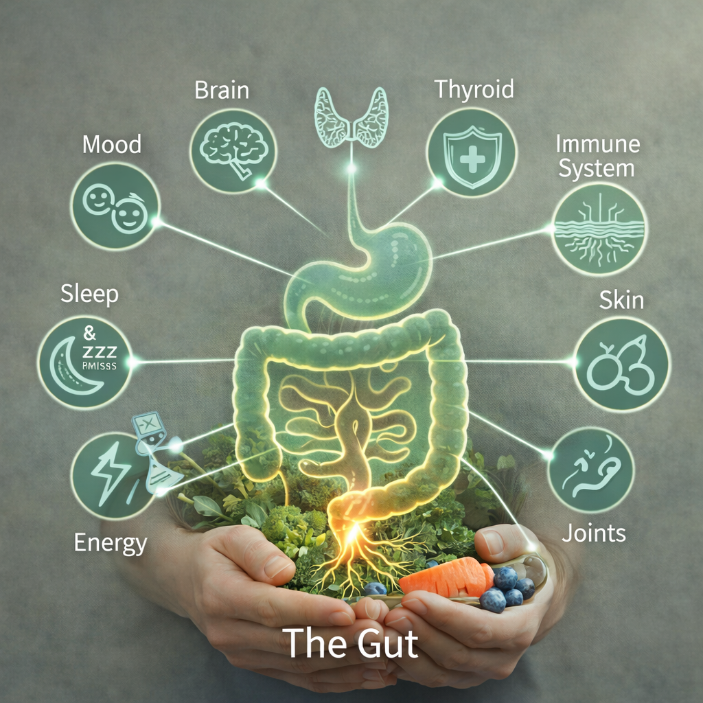 Illustration showing how the gut affects the entire body – gut-brain axis, immune system, hormones, inflammation, energy and detoxification – root cause approach at Premier Integrative Functional Medicine in Anaheim California