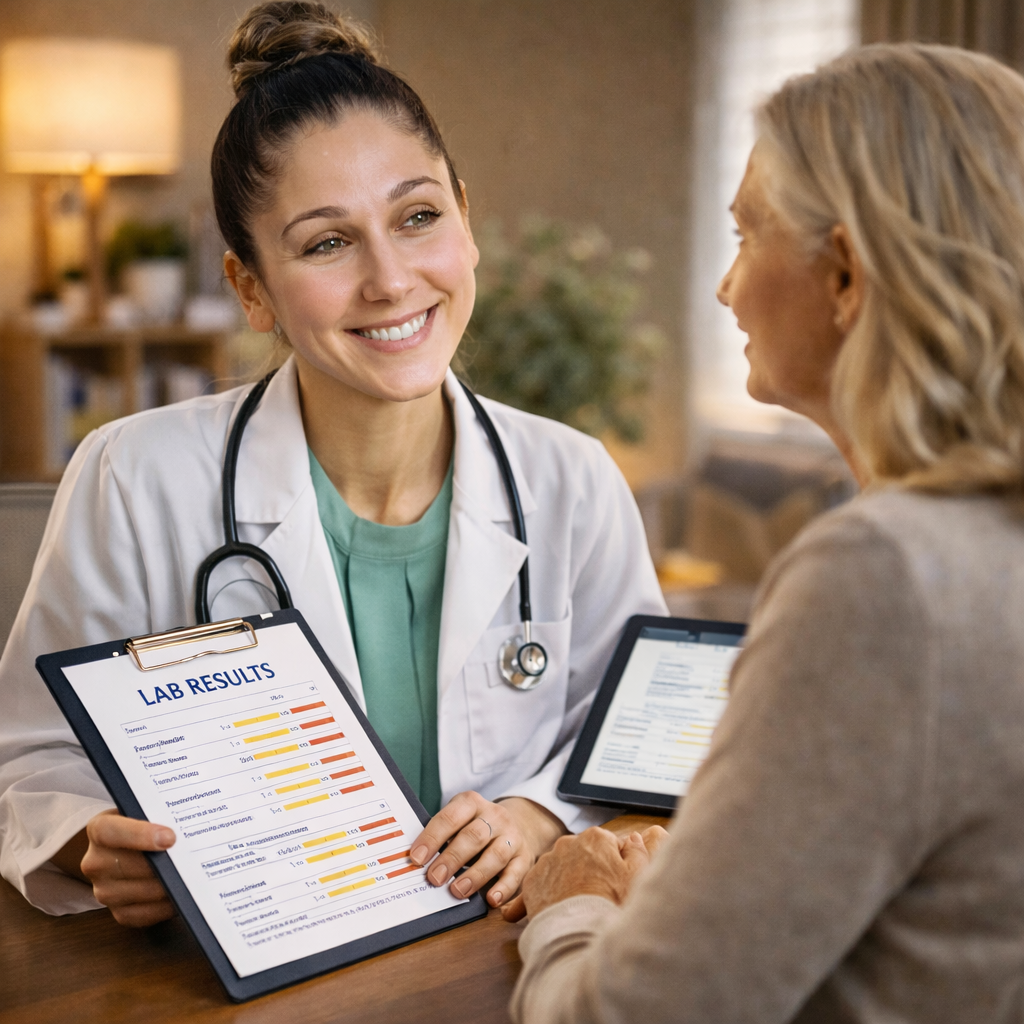 Functional medicine practitioner reviewing lab results with patient in a warm consultation, emphasizing personalized care and root cause approach