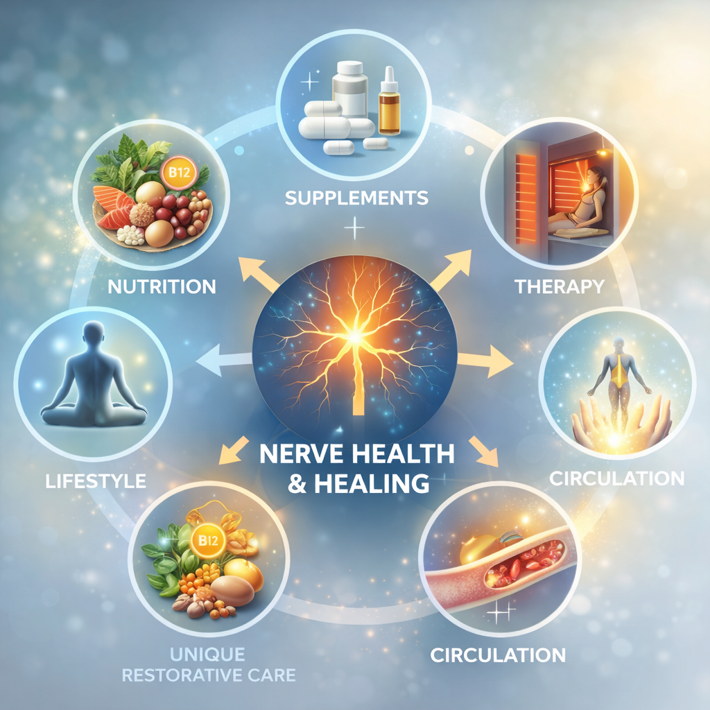 Functional medicine approach to neuropathy showing nerve healing supported by nutrition, therapy, circulation, and lifestyle factors in a hub-and-spoke model