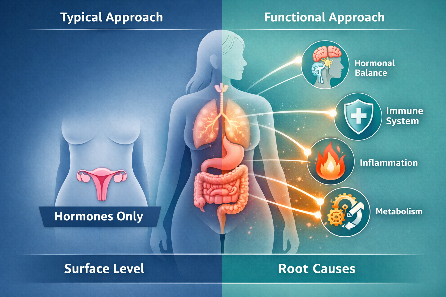 Infographic comparing conventional hormone-focused treatment versus functional medicine root cause approach for PCOS and endometriosis including inflammation, immune system, metabolism, and hormonal balance