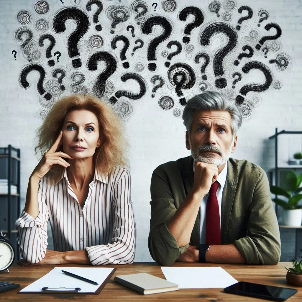 A man and woman sitting at a table with thoughtful expressions, surrounded by numerous question marks above their heads indicating confusion or pondering.