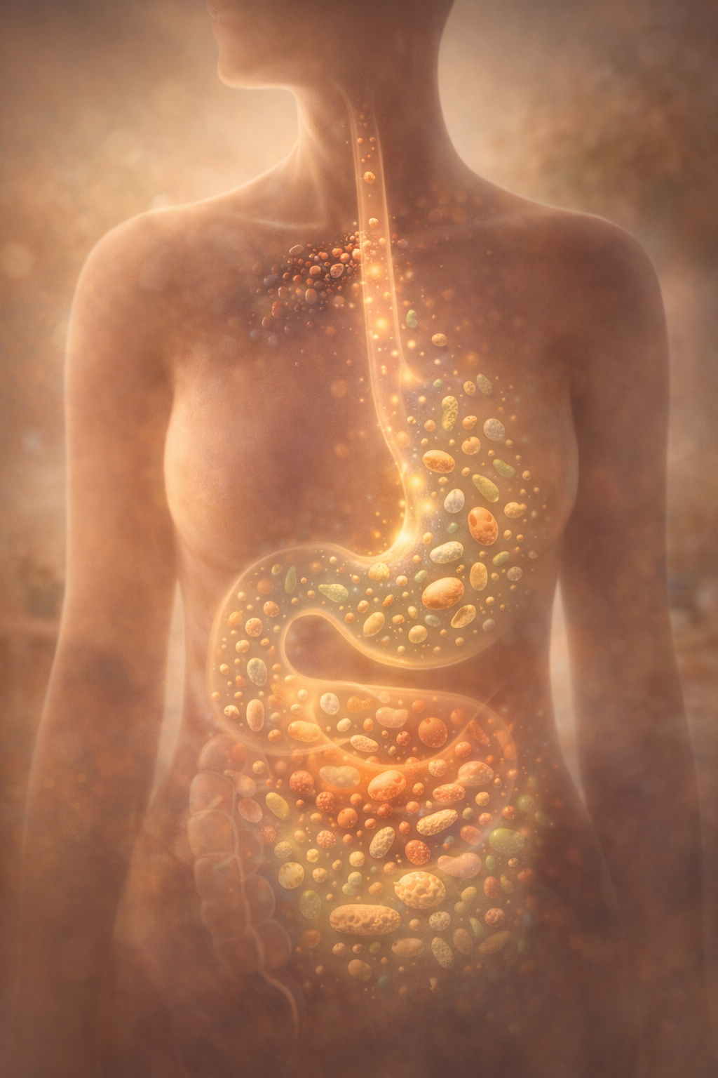 Functional medicine illustration of gut and esophageal microbiome balance showing microbial harmony and dysbiosis in digestive health