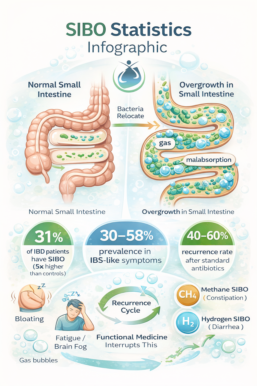 SIBO statistics infographic showing prevalence in IBS and IBD, recurrence rates after antibiotics, and symptoms like bloating, gas, and brain fog in gut health conditions