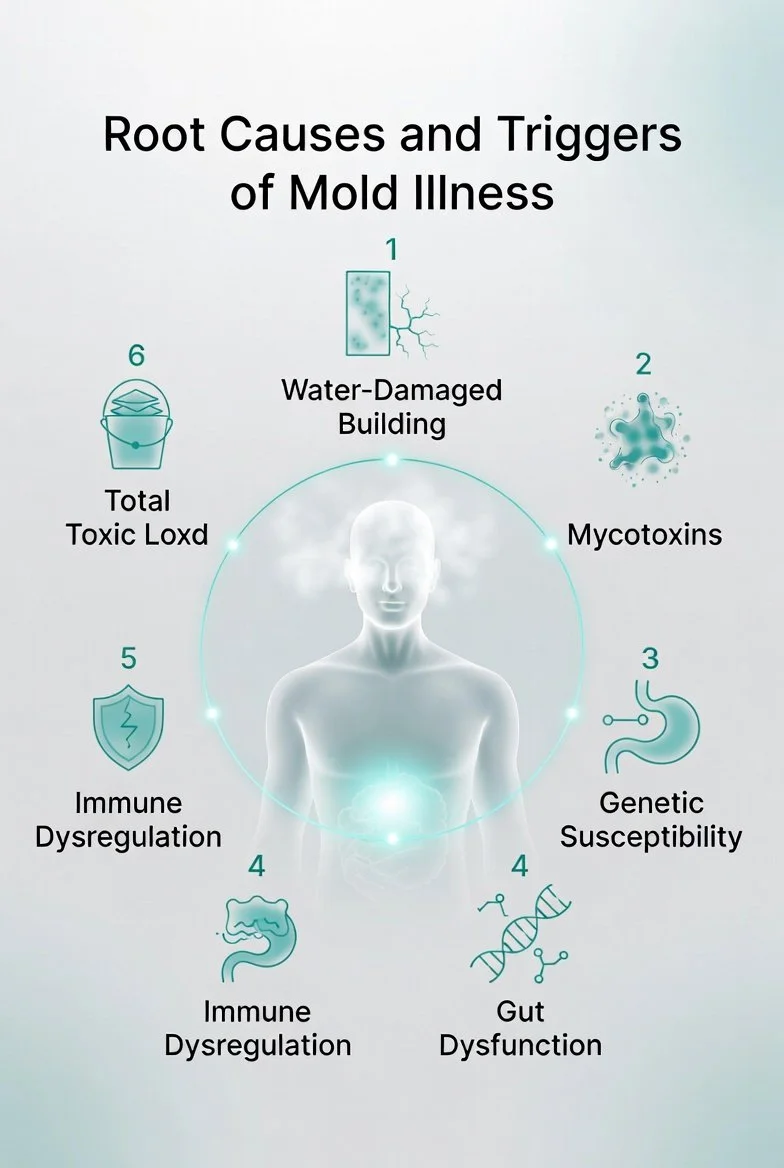 Hub-and-spoke diagram showing the root causes and triggers of mold illness and mycotoxin exposure including water-damaged buildings, mycotoxins, genetic susceptibility, gut dysfunction, immune dysregulation, and total toxic load