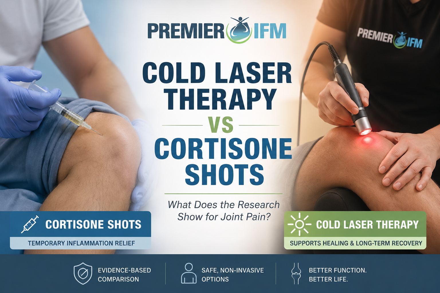 Comparison graphic showing cortisone knee injection versus cold laser therapy treatment for joint pain and arthritis relief at Premier IFM