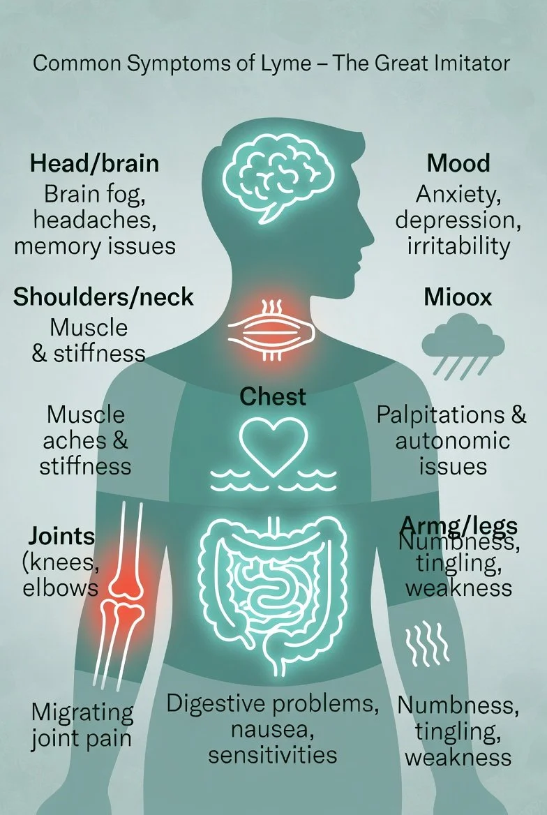 Illustration of common Lyme disease symptoms including fatigue, brain fog, joint pain, neurological issues, digestive problems, and mood changes – known as the Great Imitator