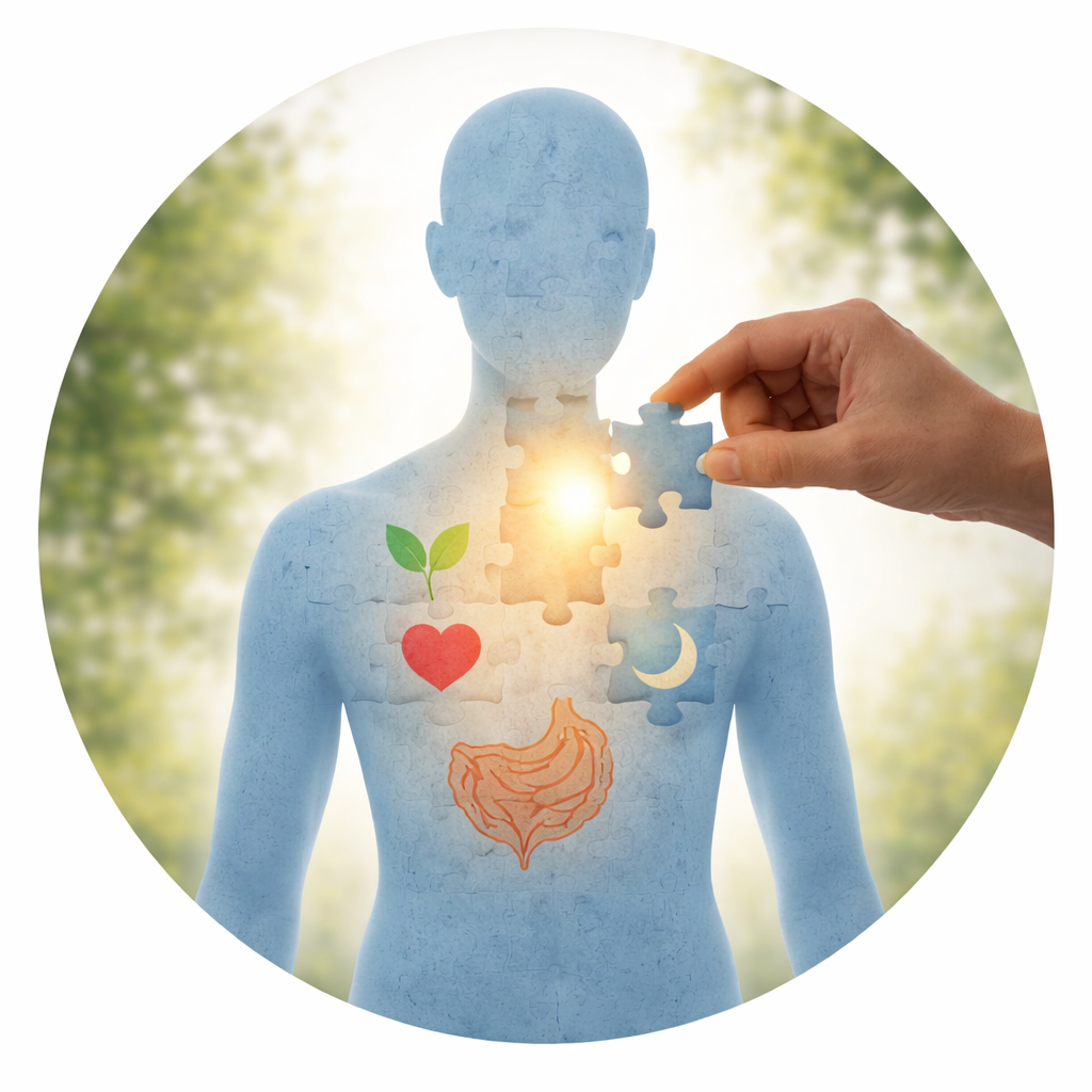 Human silhouette made of puzzle pieces with a final piece being placed, representing personalized and individualized health care.