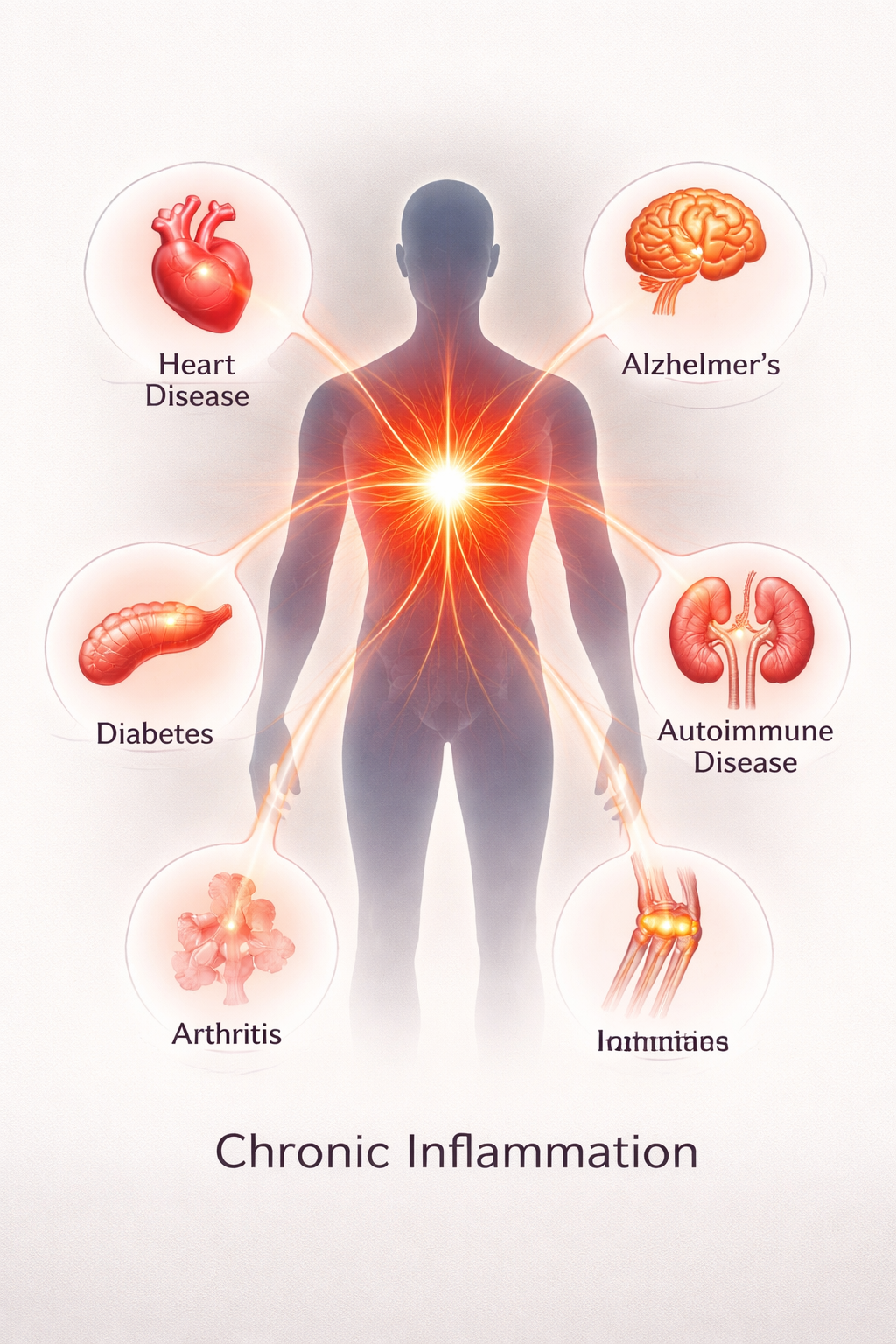 Illustration showing chronic inflammation in the body linked to multiple conditions including heart disease, diabetes, and autoimmune disorders.