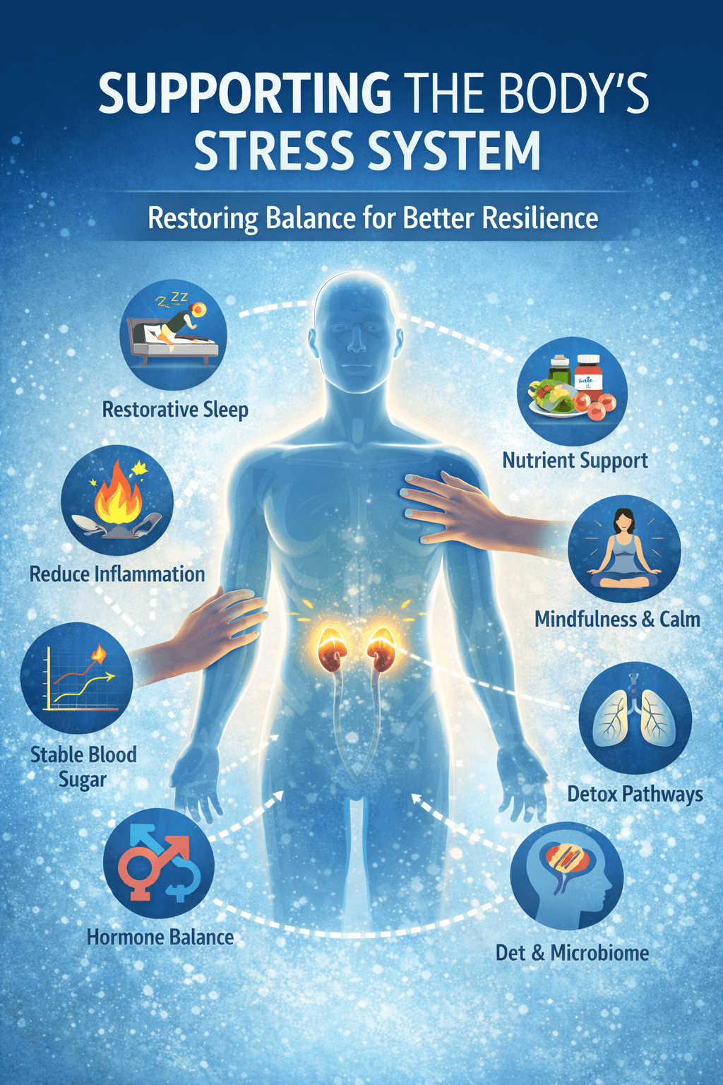 Illustration showing functional medicine support for the body’s stress response including sleep, nutrition, detox, hormone balance, and blood sugar regulation.