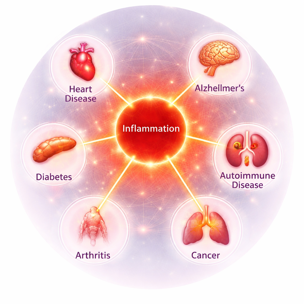 Diagram showing chronic inflammation at the center connected to multiple diseases including heart disease, diabetes, and autoimmune conditions.