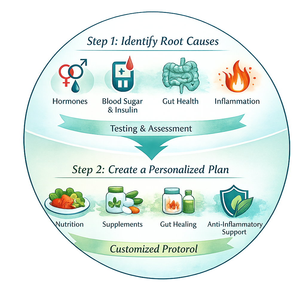 Circular functional medicine diagram showing root cause approach including hormone balance, gut health, blood sugar, inflammation testing, and personalized treatment plan