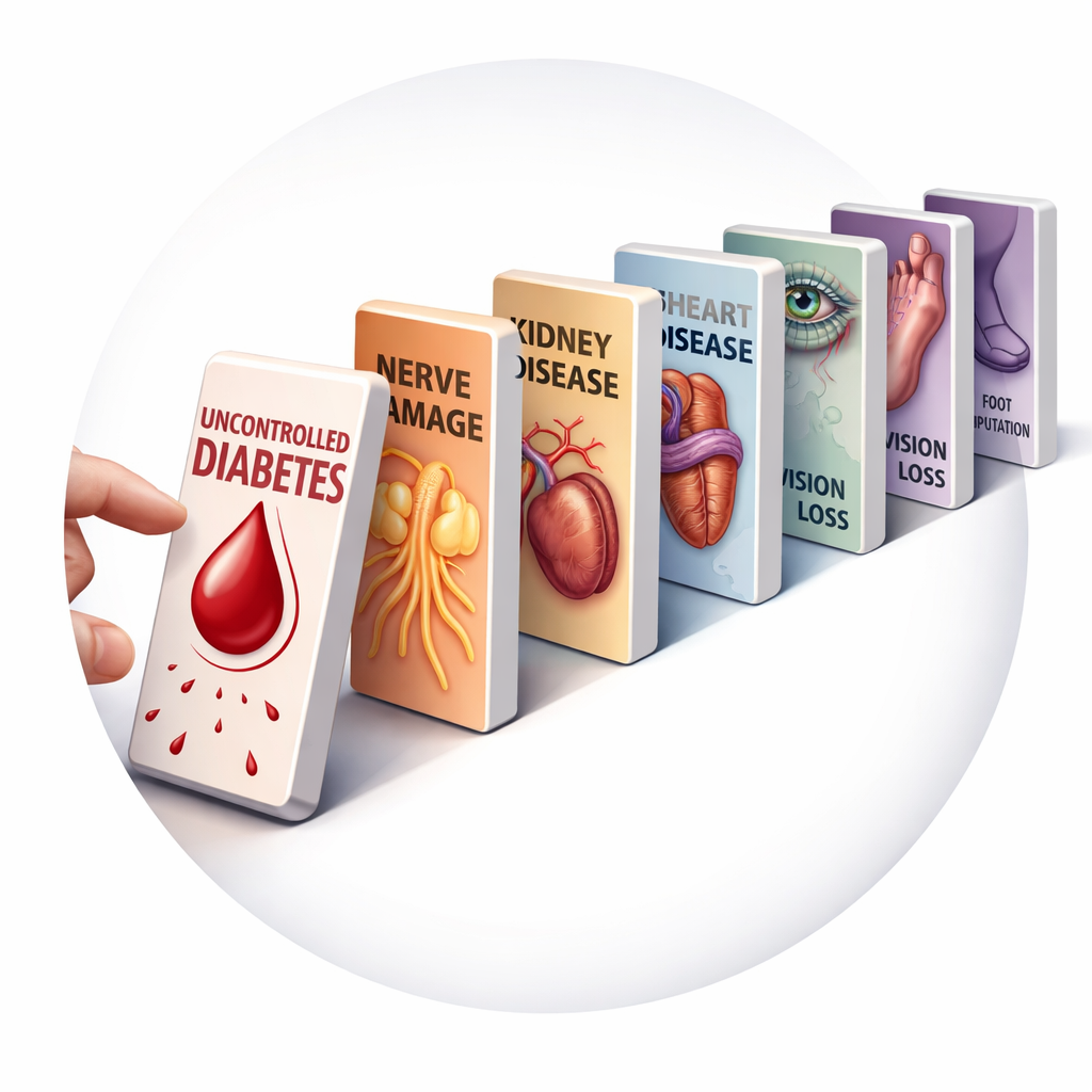 Domino effect illustrating long-term complications of uncontrolled diabetes including nerve damage, kidney disease, heart disease, vision loss, and amputation