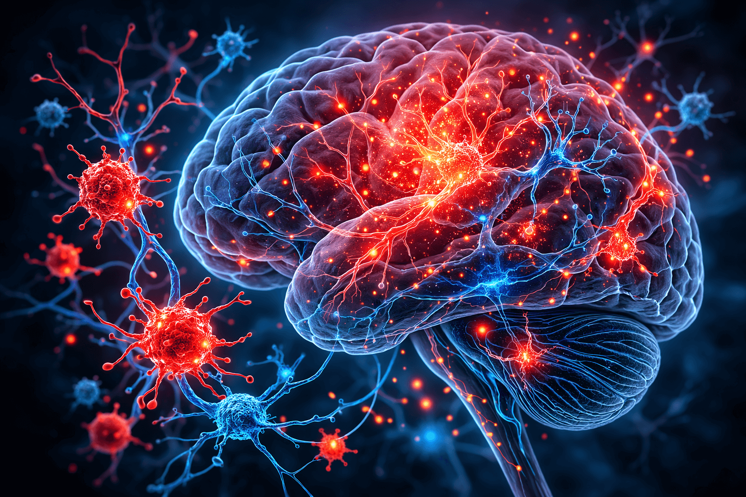 Illustration of neuroinflammation in the brain showing inflammatory processes that contribute to cognitive decline and neurodegenerative disease