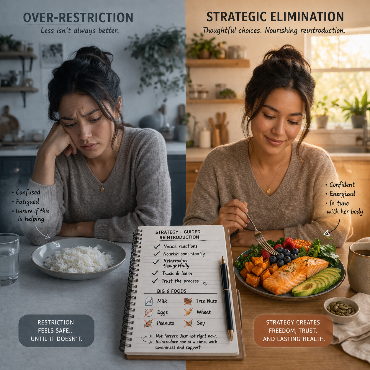 Comparison of two women demonstrating the benefits of strategic elimination of foods. The left side shows a woman looking distressed with rice, labeled 'Over-Restriction,' feeling confused, fatigued, and unsure if restriction helps. The right side shows a woman smiling, eating a colorful healthy meal, labeled 'Strategic Elimination,' feeling confident, energized, and in tune with her body. Text supports the idea that restriction feels safe until it doesn’t, while strategic elimination creates freedom, trust, and lasting health.