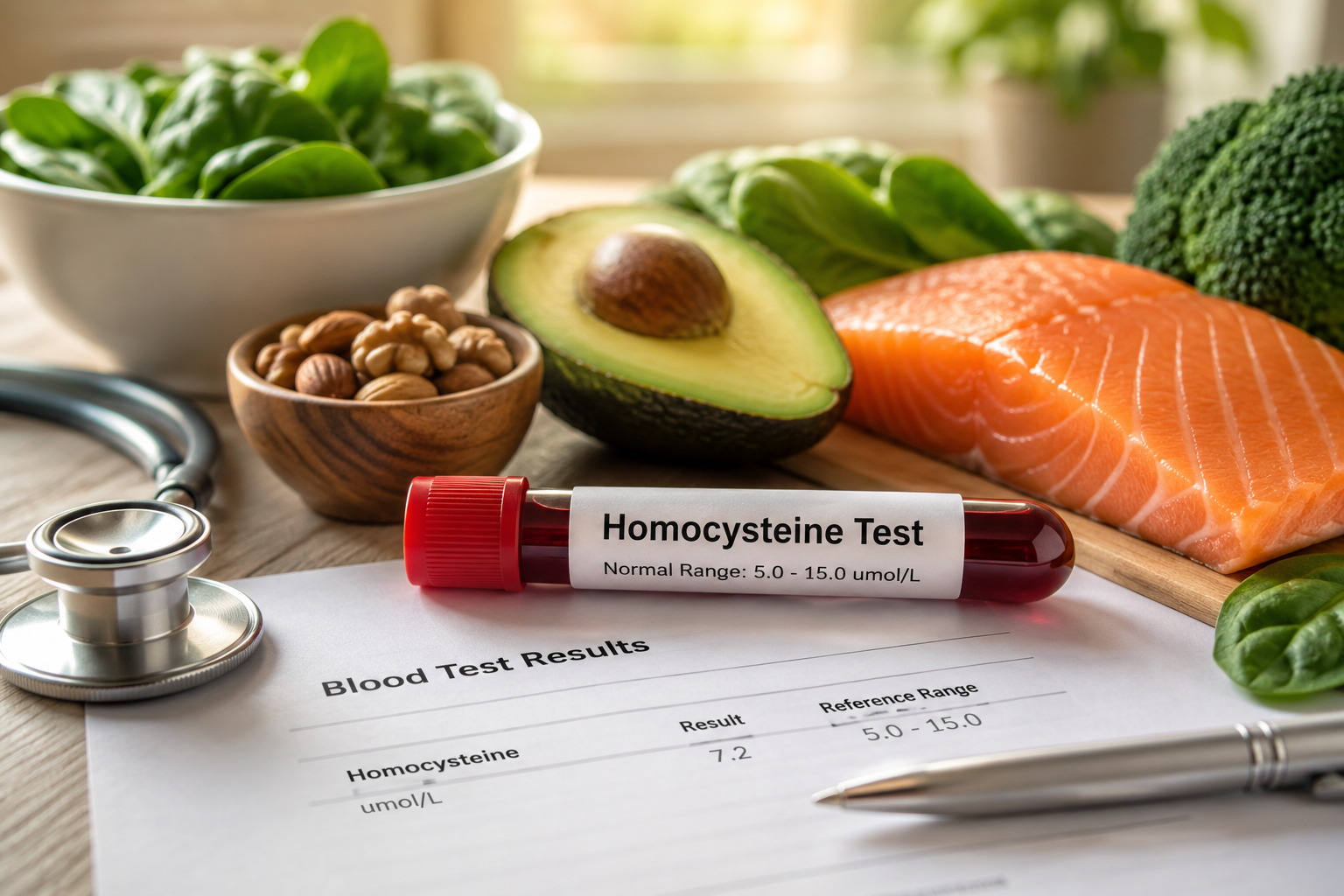 Homocysteine blood test with healthy foods including salmon, avocado, leafy greens, and nuts representing heart health, inflammation reduction, and functional medicine nutrition.