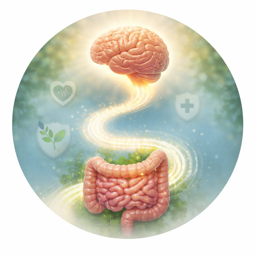 Illustration of the brain and digestive system connected by a pathway, representing the gut-brain connection in functional medicine.