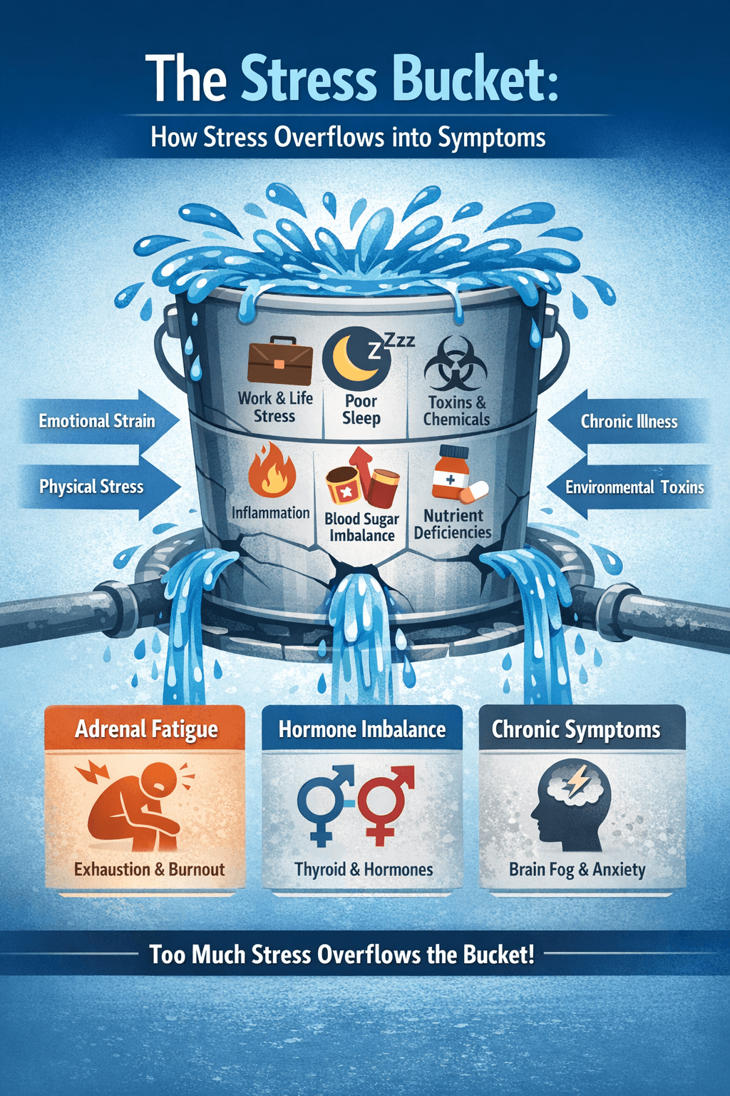 Stress bucket model showing how multiple stressors like poor sleep, toxins, inflammation, and blood sugar imbalance accumulate and lead to adrenal fatigue and chronic symptoms.