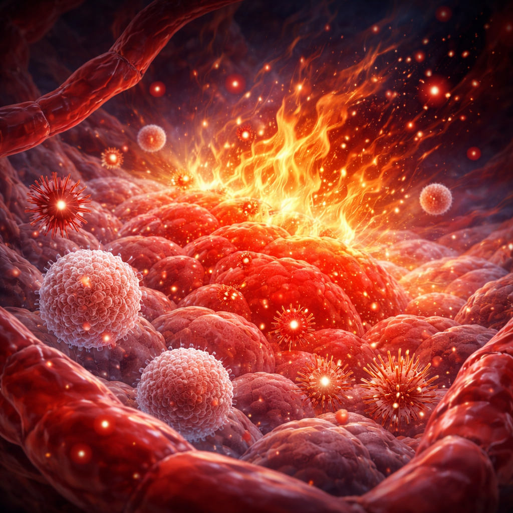 Illustration of inflammation caused by lack of sleep showing immune cell activation and inflamed tissue, representing chronic inflammation and its impact on overall health