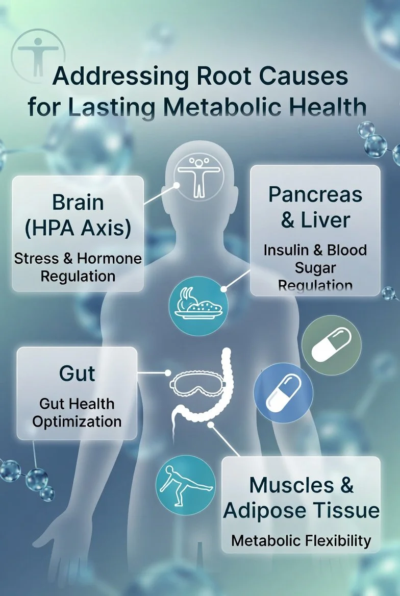 Body map showing root causes of metabolic dysfunction: brain for stress & hormone regulation, gut health, pancreas & liver for insulin & blood sugar, muscles for metabolic flexibility