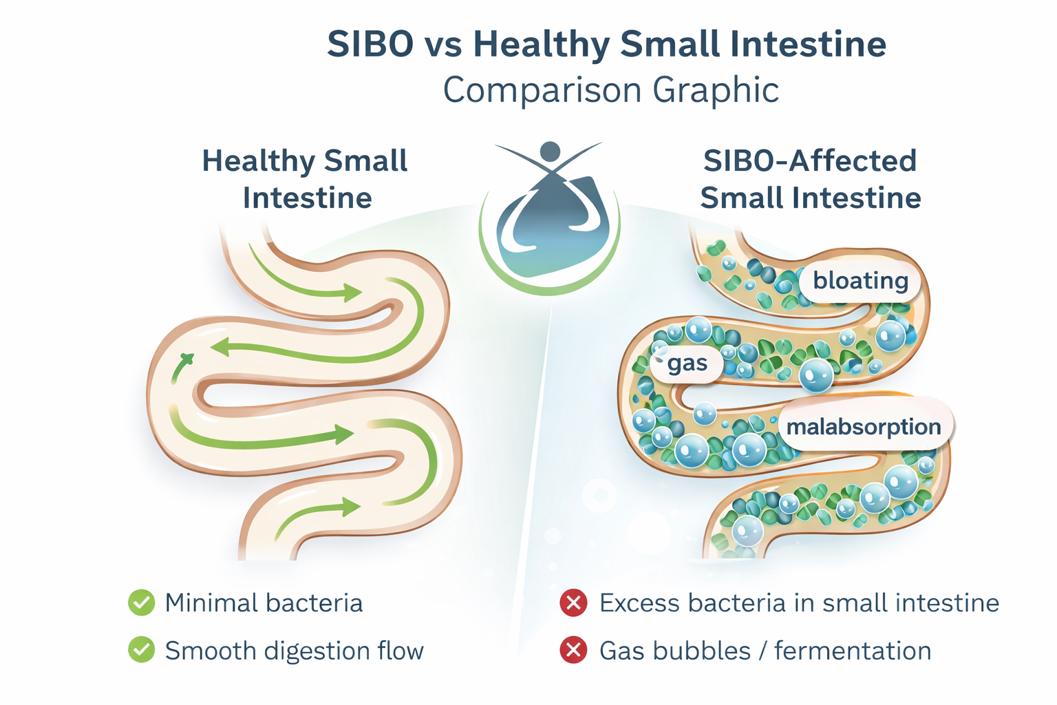 SIBO vs healthy small intestine comparison graphic showing bacterial overgrowth, gas, bloating, and malabsorption versus normal digestion and minimal bacteria