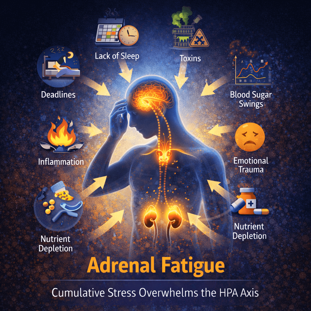 Diagram showing how multiple stressors such as lack of sleep, toxins, blood sugar swings, inflammation, and emotional stress overwhelm the HPA axis and contribute to adrenal fatigue.
