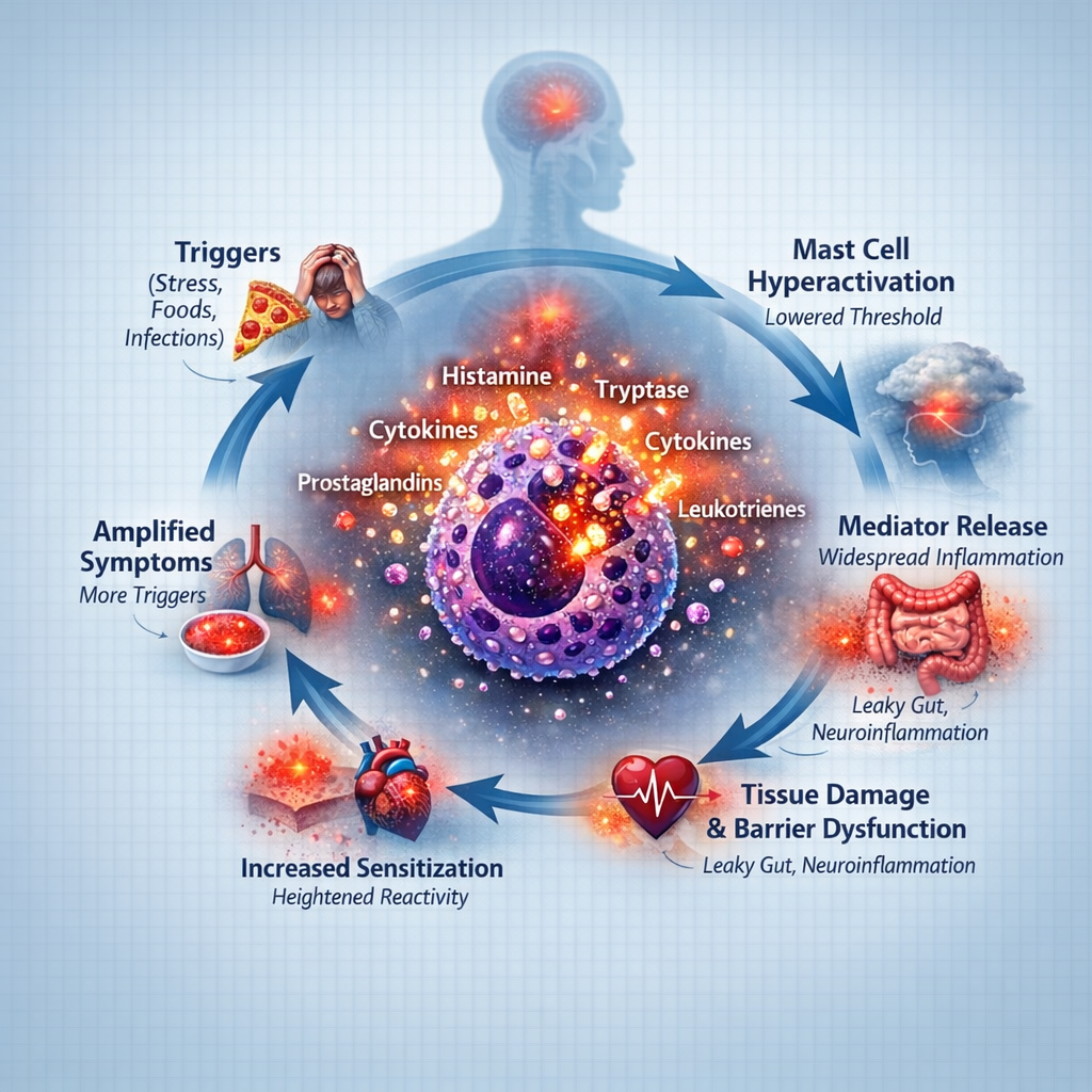 infographic showing mast cell activation syndrome vicious cycle with mast cell degranulation releasing histamine cytokines leukotrienes and prostaglandins leading to inflammation tissue damage increased sensitivity and chronic MCAS feedback loop