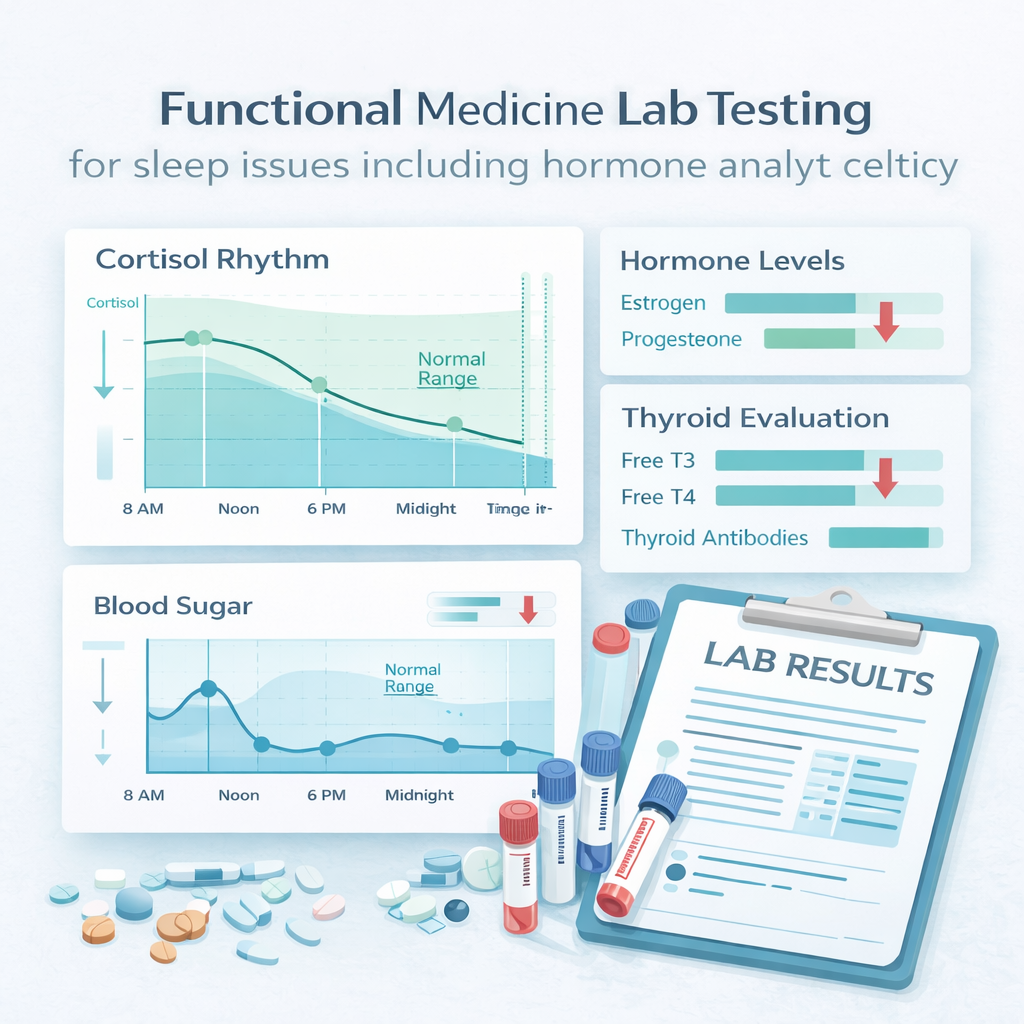 Functional medicine lab testing for sleep issues including hormone analysis, cortisol rhythm, thyroid, and metabolic assessment to identify root causes of insomnia