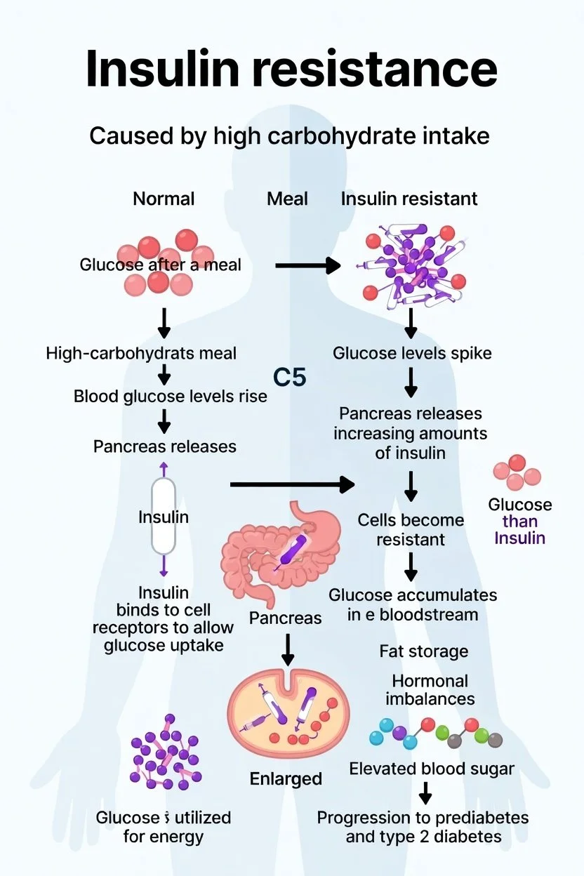 Diagram explaining what is insulin resistance: how cells stop responding to insulin after high-carb meals, causing the pancreas to overproduce insulin, leading to elevated blood sugar, increased fat storage, hormonal imbalance, & type II diabetes