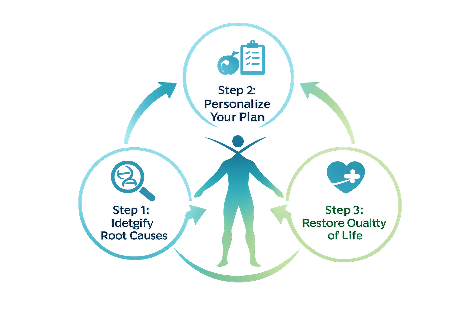 A diagram outlining a three-step wellness plan. Step 1: Identify Root Causes, Step 2: Personalize Your Plan, Step 3: Restore Quality of Life, with icons representing each step.