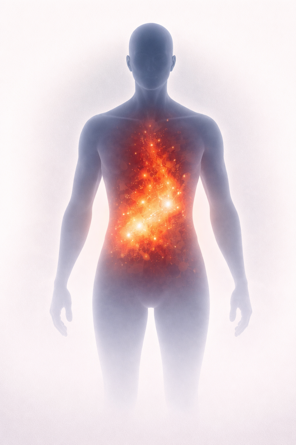 Human silhouette with glowing embers in the torso representing chronic low-grade inflammation in the body.