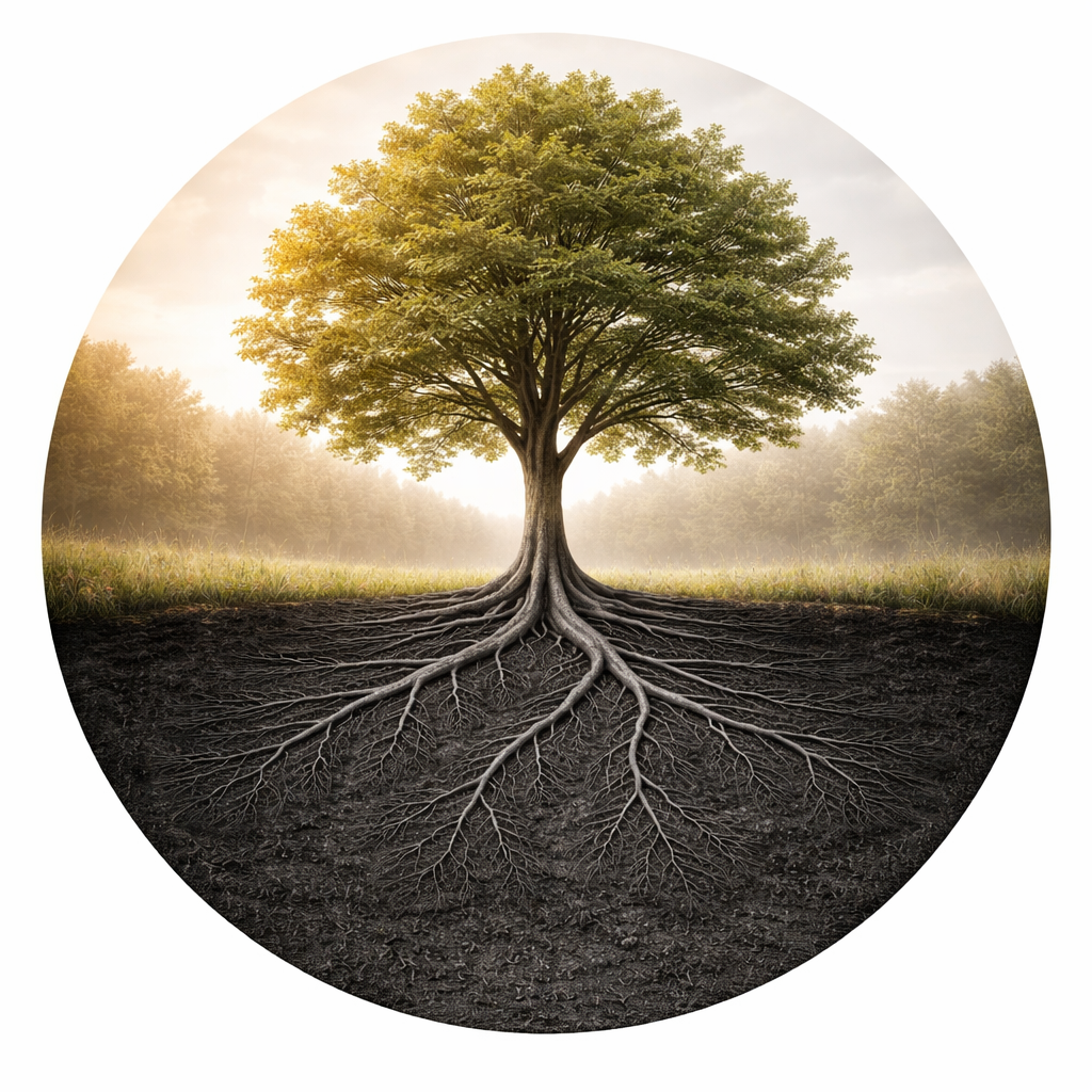 Tree with visible roots in black and white fading into a healthy green canopy above ground representing functional medicine approach to fibromyalgia and addressing root causes of chronic illness