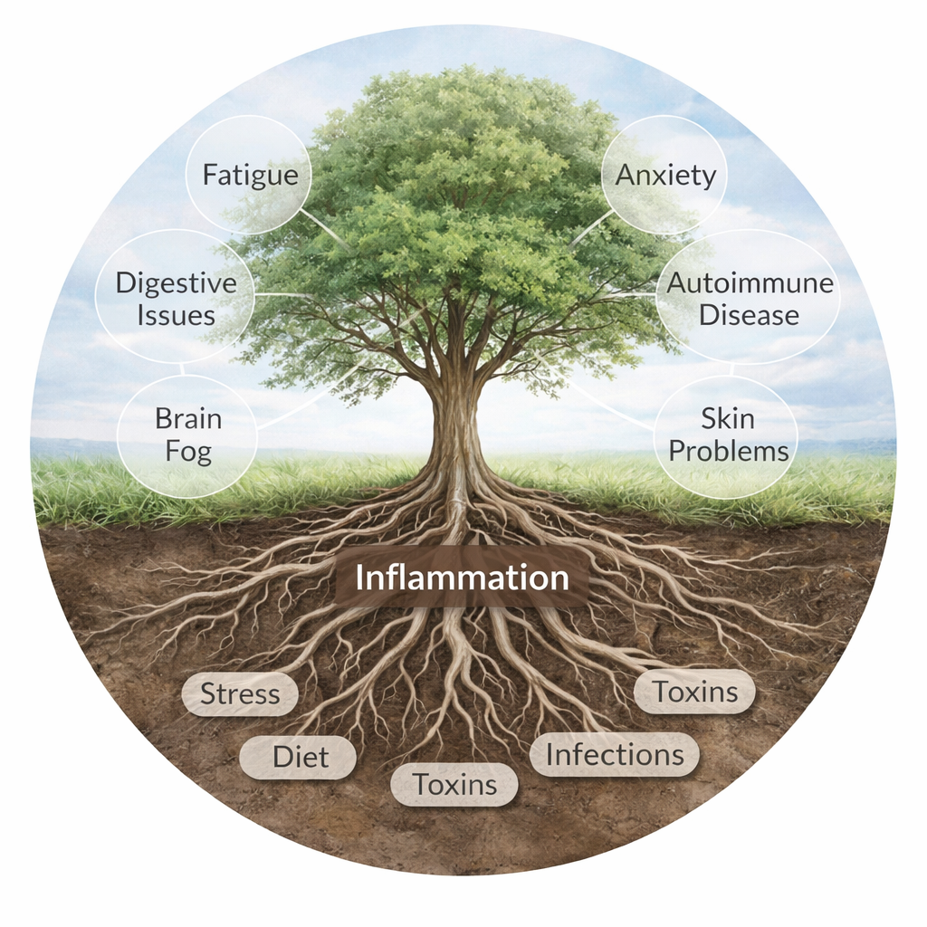 Tree diagram showing inflammation as a root cause beneath the surface connected to underlying factors and visible symptoms in the body.